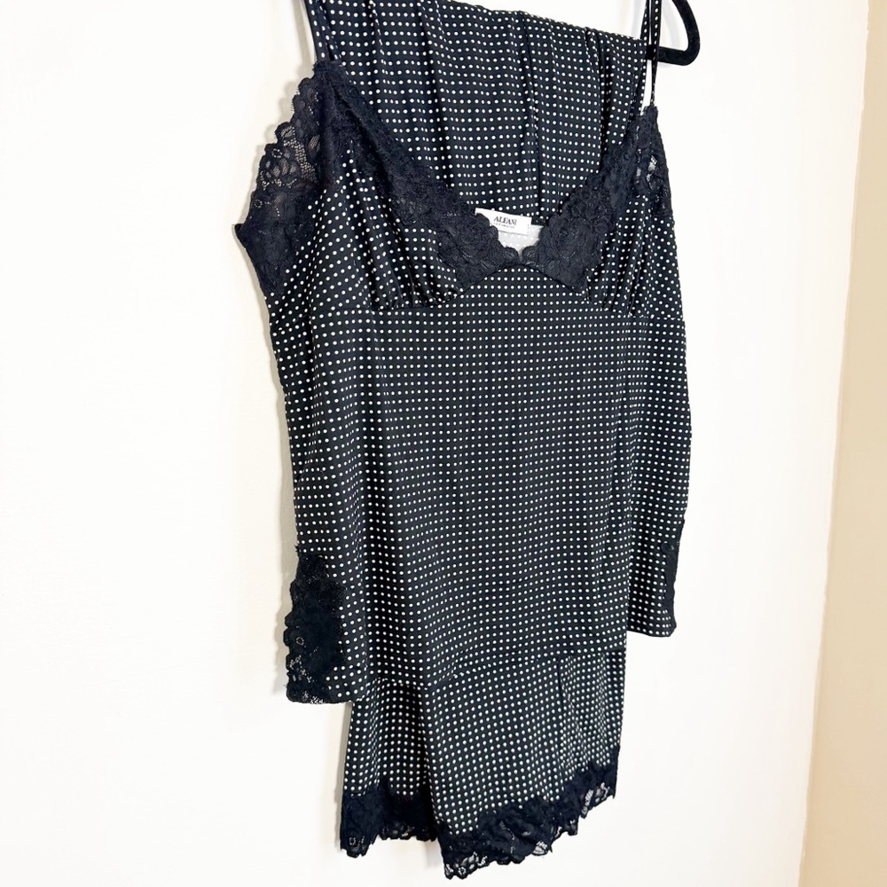 Alfani Two Piece Blue and White Polka Dot Sleepwear Set with Navy Blue Lace Trim